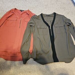 EXPRESS Women's V-Neck Blouse Set - DK ORANGE and OLIVE TRIMMED IN BLACK SZ SM